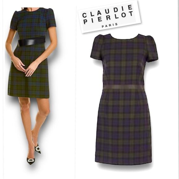 Dresses & Skirts - Claudie Pierlot 100% Wool Green & Blue Plaid With Leather Details Dress Sz US 8